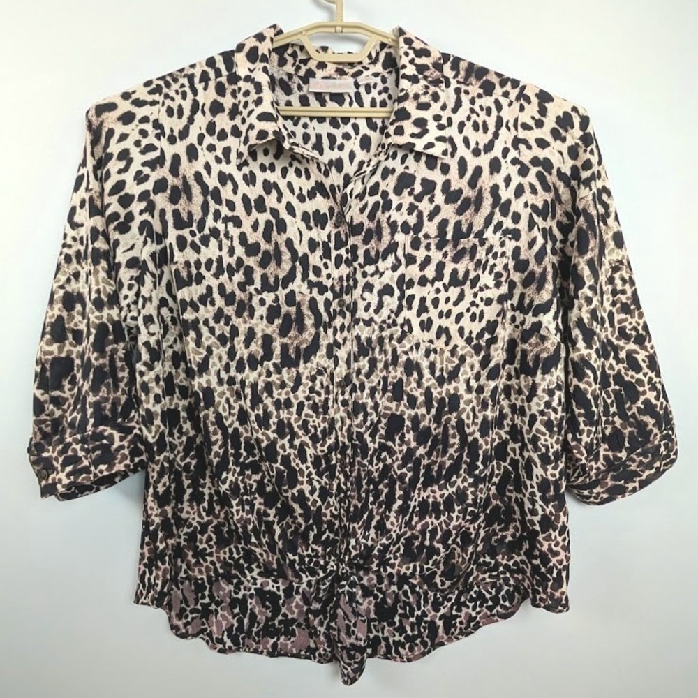 Belle Kim Gravel Blouse Women 1X Leopard‎ Animal Print Tie Front Tan Brown